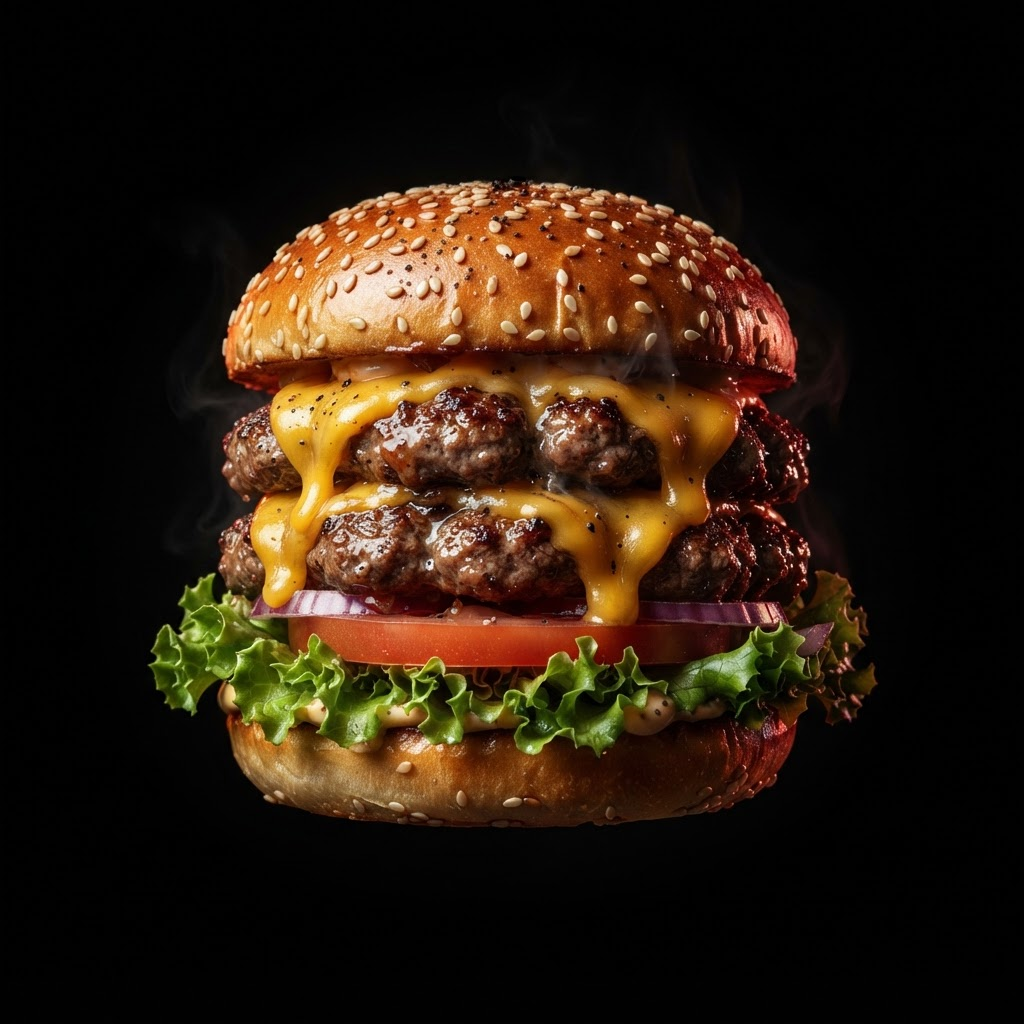Gourmet double cheeseburger on a dark background