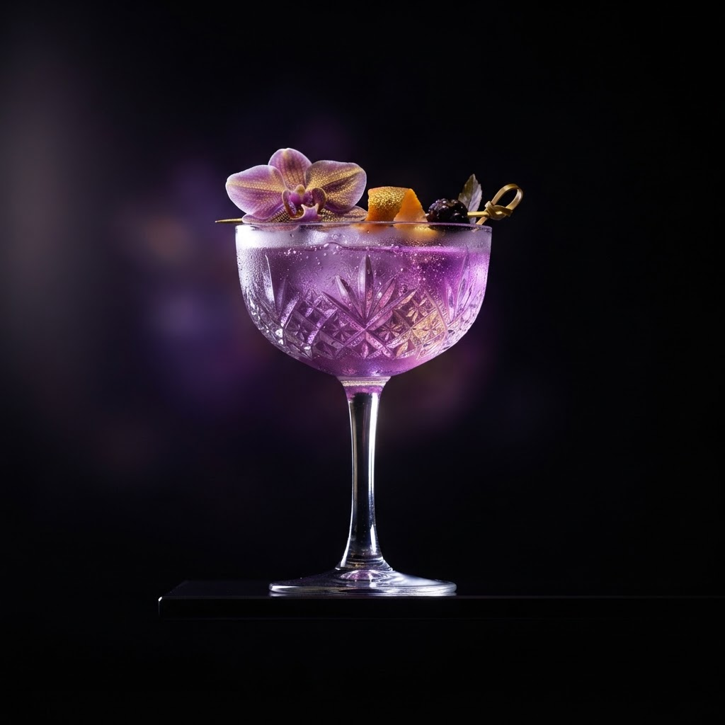 Luxury cocktail in a crystal glass with purple lighting