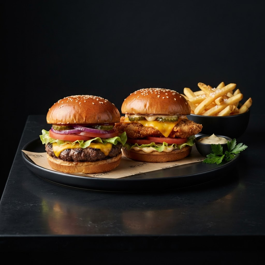 Premium beef and chicken burgers with cheddar and fries on a matte black plate