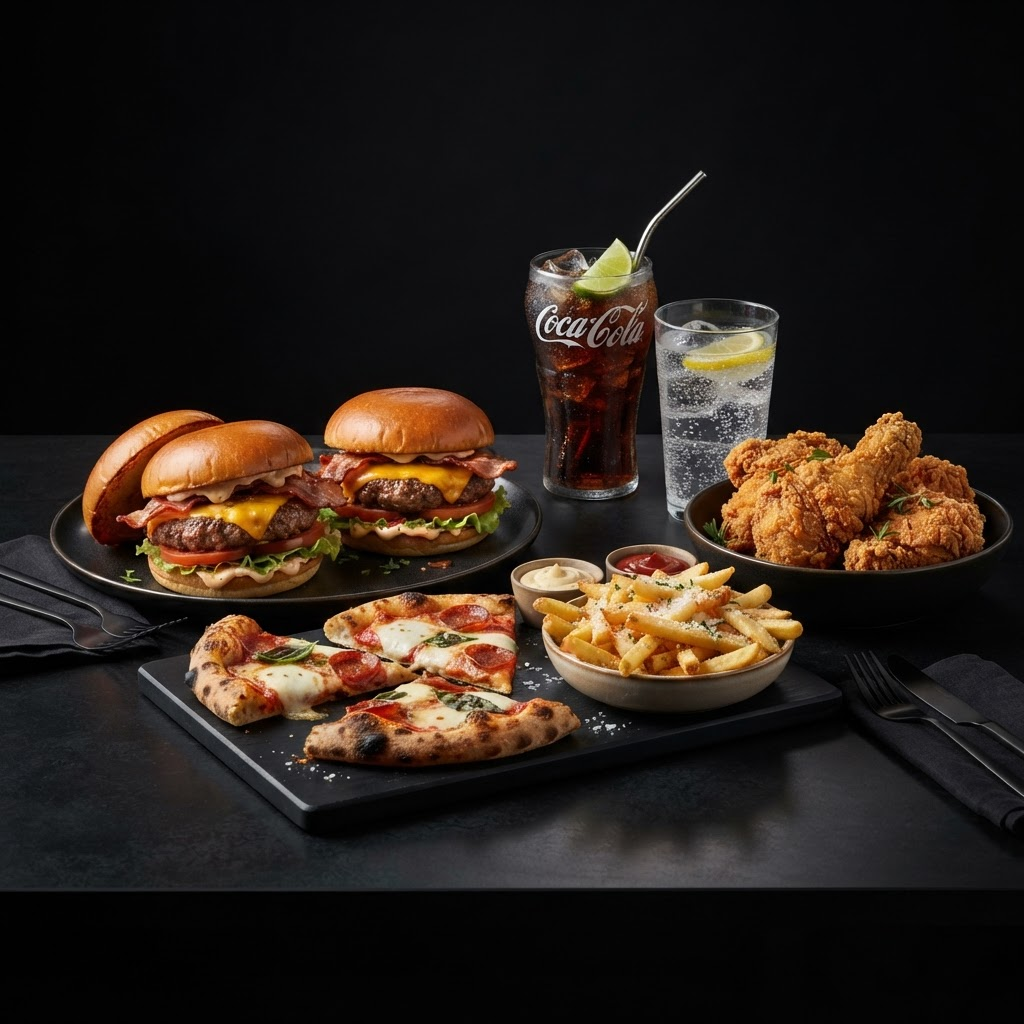 Premium combo meal with pizza, burgers, fried chicken, fries and drinks