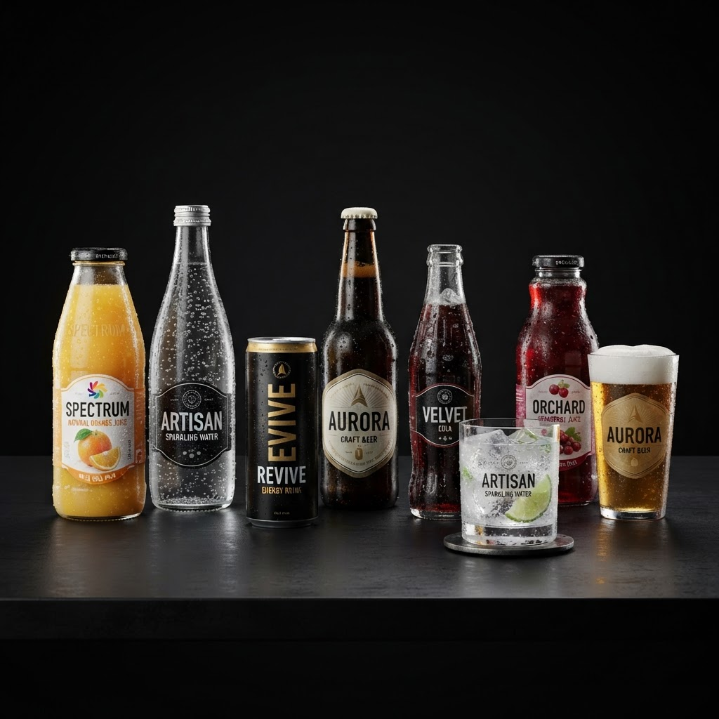 Premium assortment of soft drinks, juices, water and beers with condensation