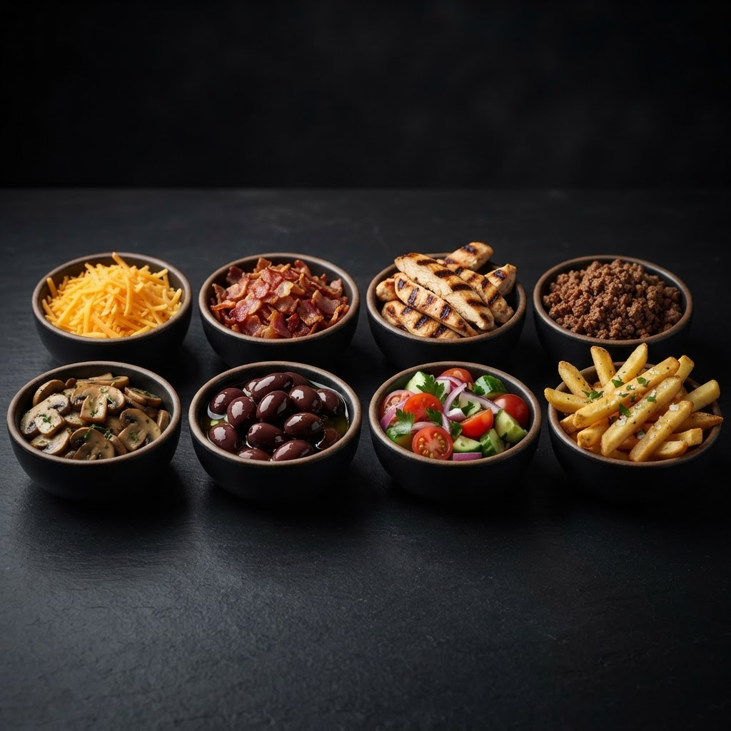 Premium toppings including cheese, bacon, chicken, beef, sausages and fries