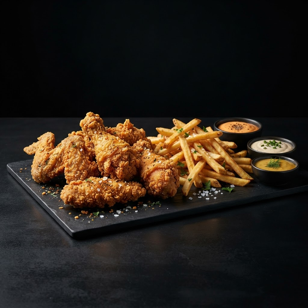 Golden crispy fried chicken with fries and dipping sauces on a matte black board