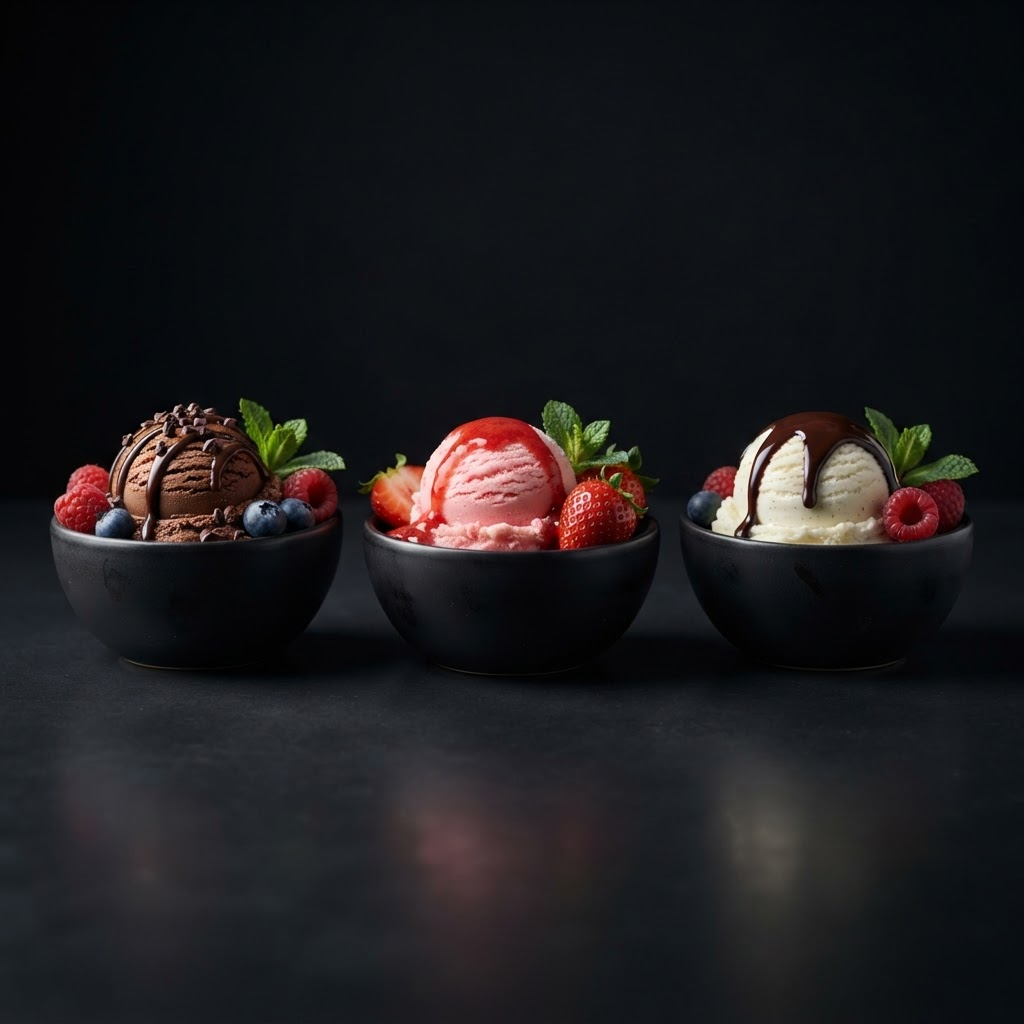 Artisan ice cream scoops in black bowls with chocolate drizzle, berries and mint