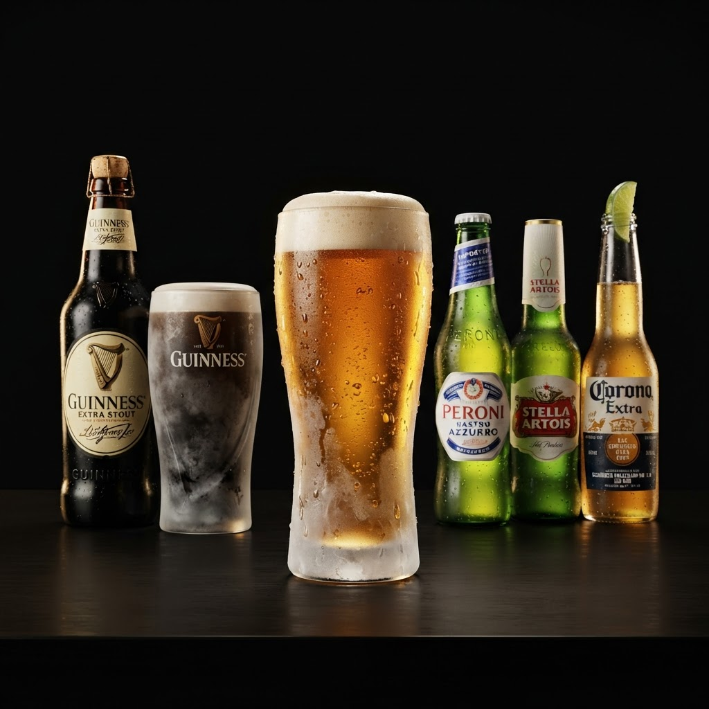 Frosted pint of draft beer with golden foam beside premium bottled beers