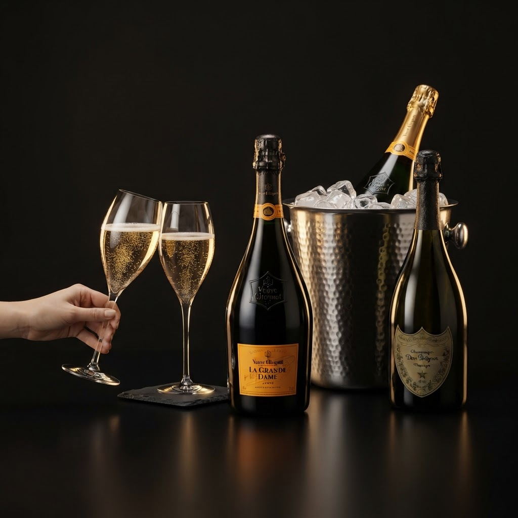 Premium champagne bottles with crystal flutes, rising bubbles and an ice bucket