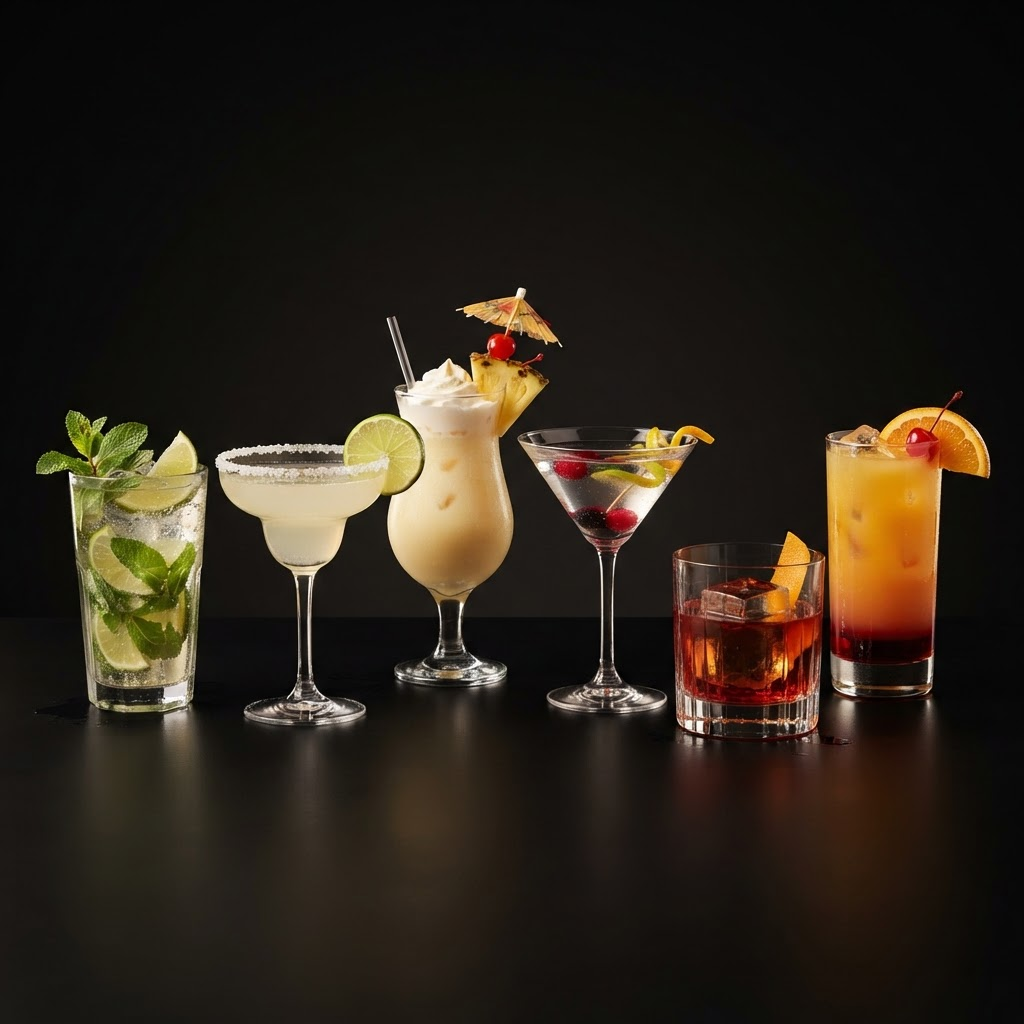 Signature cocktails including Mojito, Margarita and Cosmopolitan with fresh garnishes