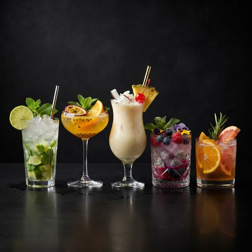 Colorful premium mocktails with tropical fruits, mint, pineapple and coconut
