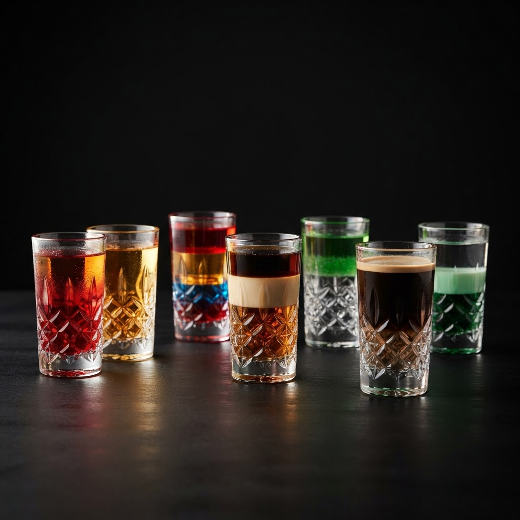 Assortment of colorful layered premium shooter drinks in crystal shot glasses