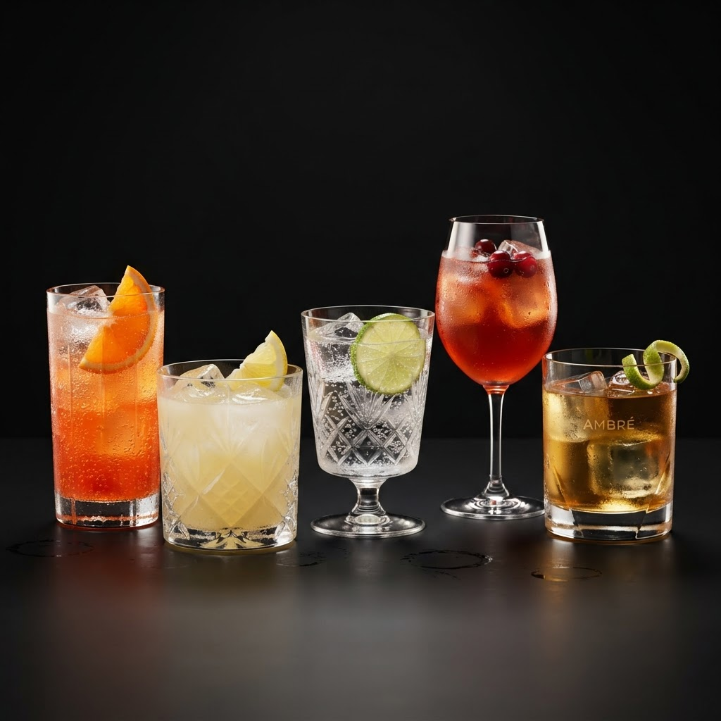 Premium soft drinks and fresh juices in crystal glasses with ice and citrus