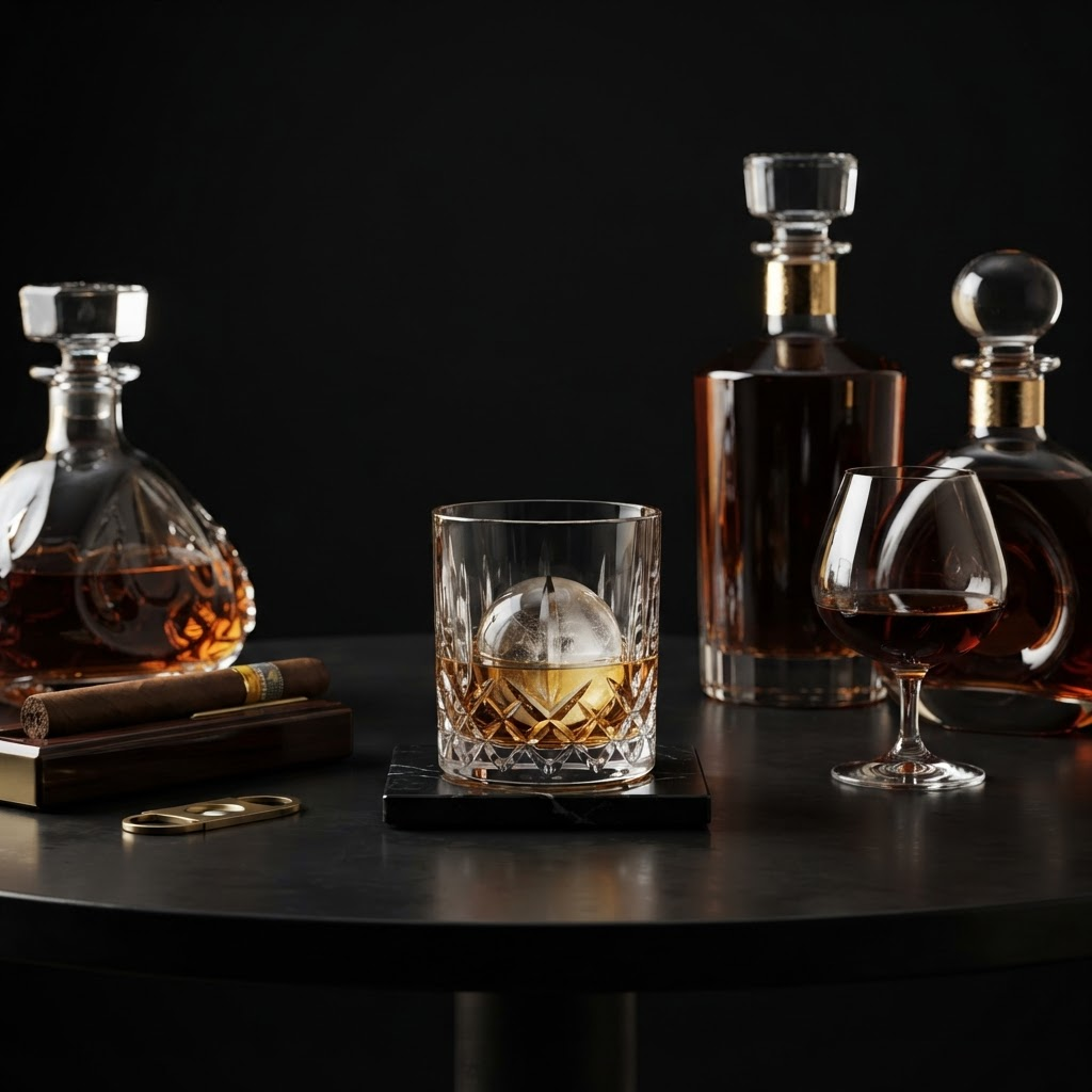 Premium whisky bottles and crystal tumblers with amber whisky in a luxury lounge setting
