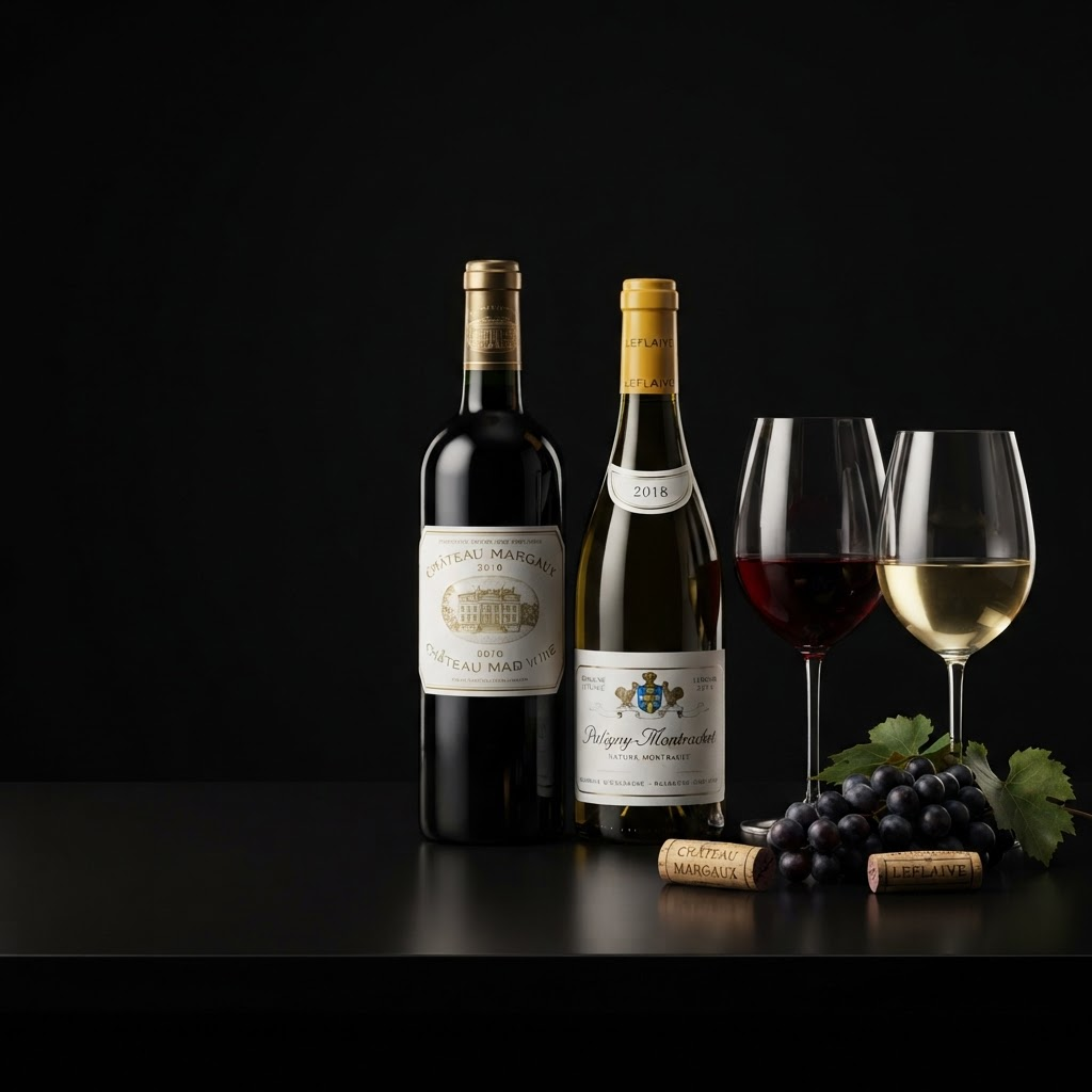 Premium red and white wine bottles with crystal glasses, grapes and corks