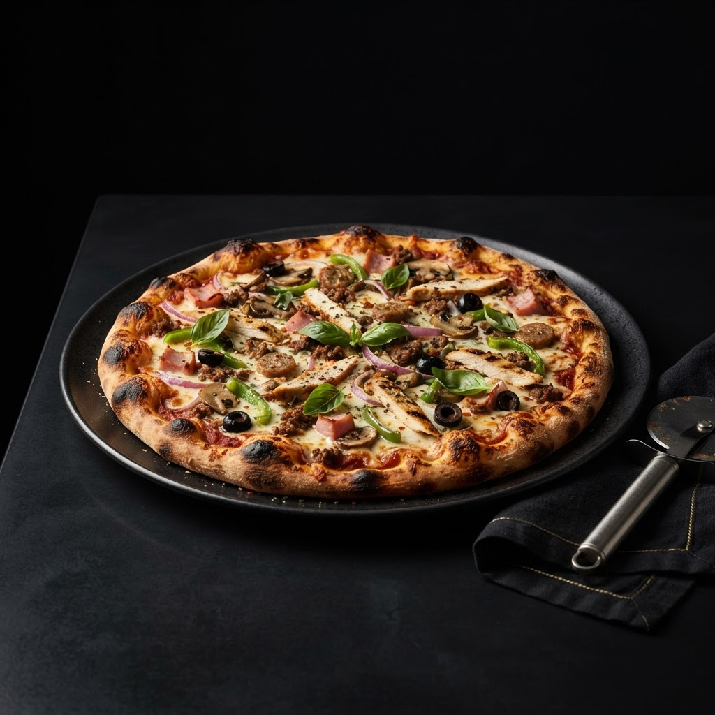 Gourmet artisan pizza with fresh toppings on a matte black plate