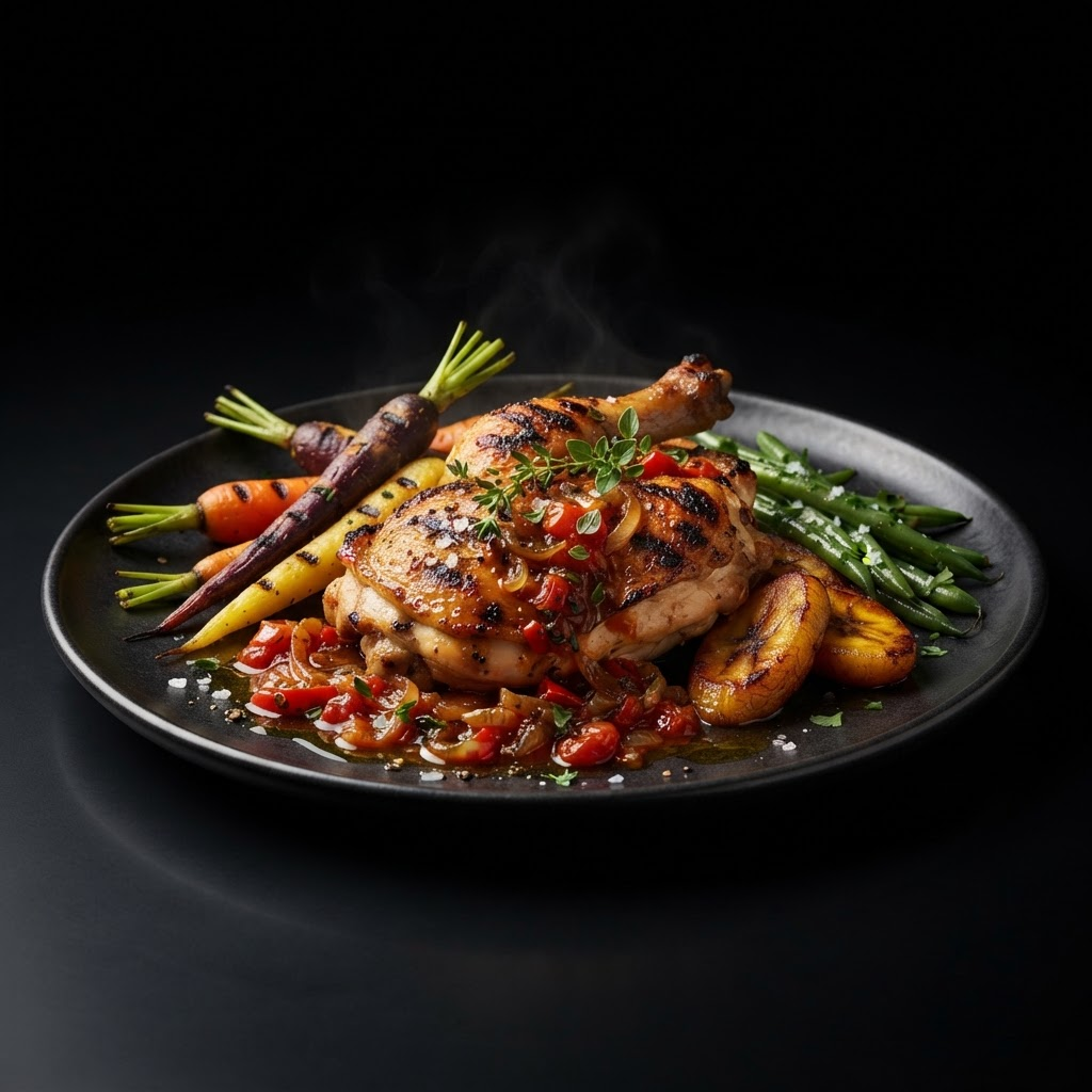 Grilled Basque-style chicken in rich tomato sauce with vegetables and plantains