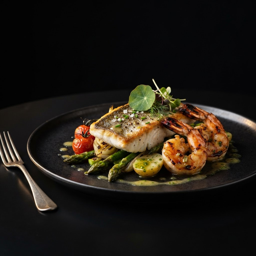 Grilled sea bass with flambeed king prawns, vegetables and lemon on a matte black plate