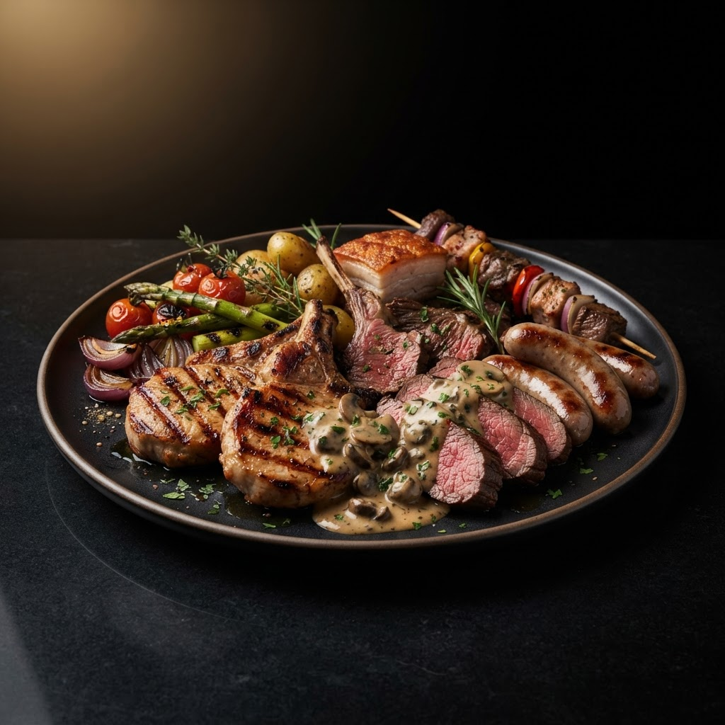 Premium mixed meat platter with grilled pork, beef, sausages and mushroom sauce