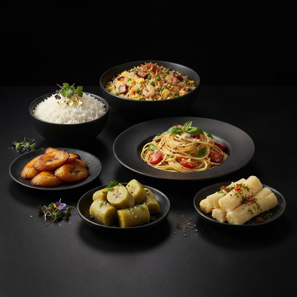 White rice, Cantonese rice, spaghetti, fried plantains and cassava on matte black dishes