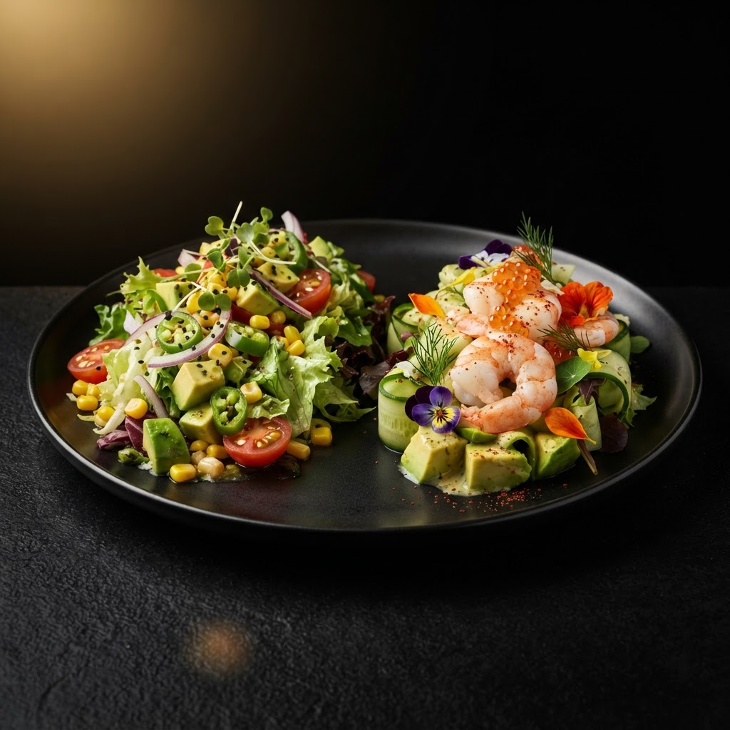 Mexican salad and avocado shrimp salad elegantly plated on a matte black plate