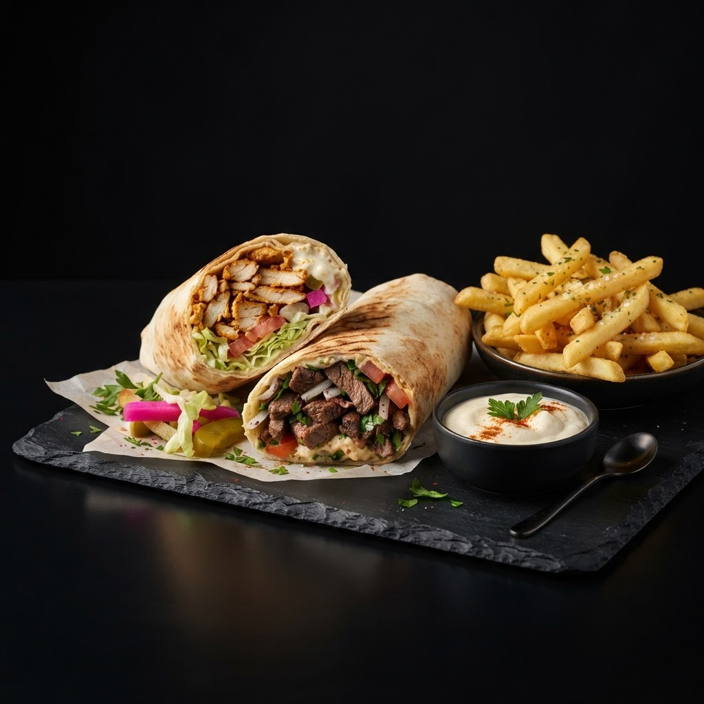 Chicken and beef shawarma wraps sliced in half with fries and garlic sauce