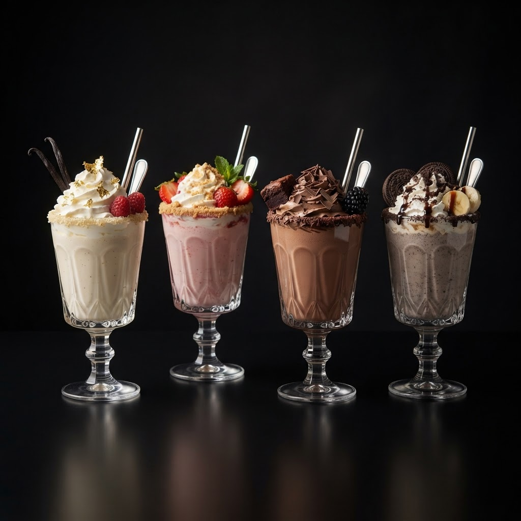 Four luxurious smoothies in elegant glasses with whipped cream and fruit garnish