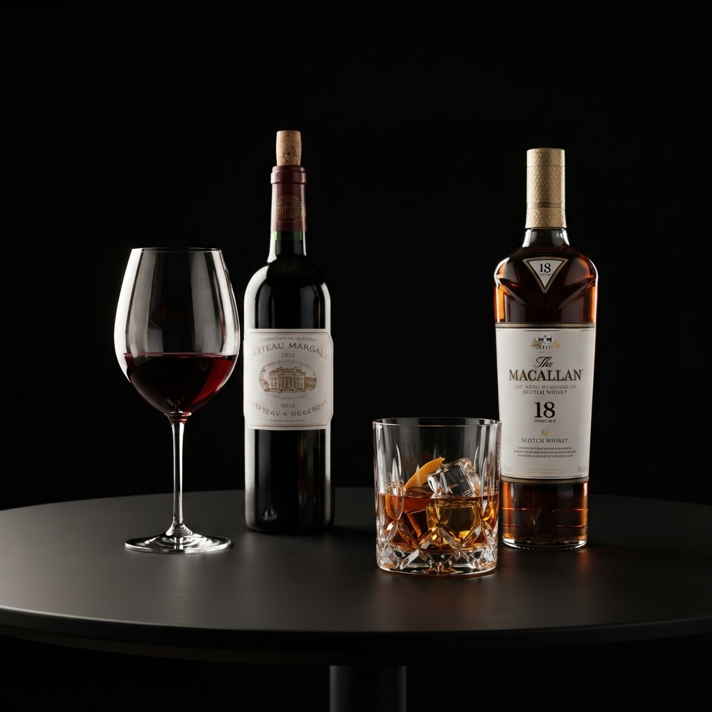 Luxury wine bottles, crystal glasses and premium whisky tumblers with amber whisky